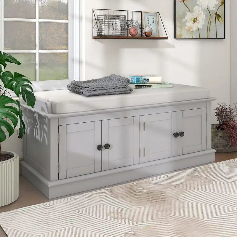 Farmhouse 42.70 4-Door Multi-Purpose Entry Upholstered Storage Bench with Adjustable Shelves and Shoe Racks