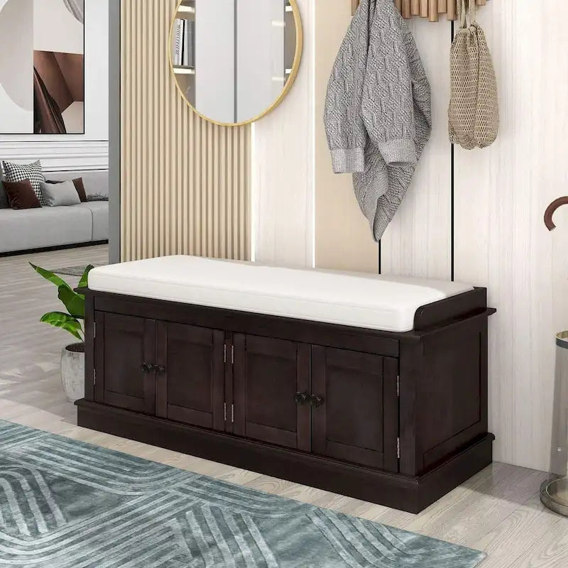 Farmhouse 42.70 4-Door Multi-Purpose Entry Upholstered Storage Bench with Adjustable Shelves and Shoe Racks