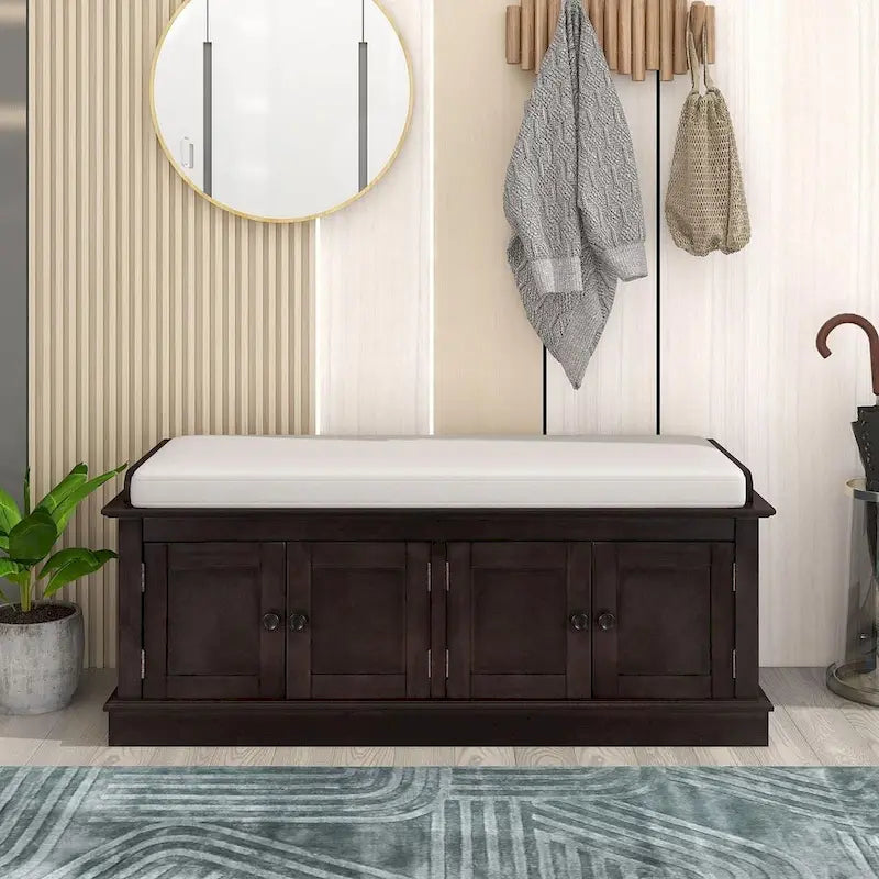 Farmhouse 42.70 4-Door Multi-Purpose Entry Upholstered Storage Bench with Adjustable Shelves and Shoe Racks