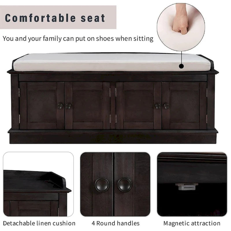 Farmhouse 42.70 4-Door Multi-Purpose Entry Upholstered Storage Bench with Adjustable Shelves and Shoe Racks