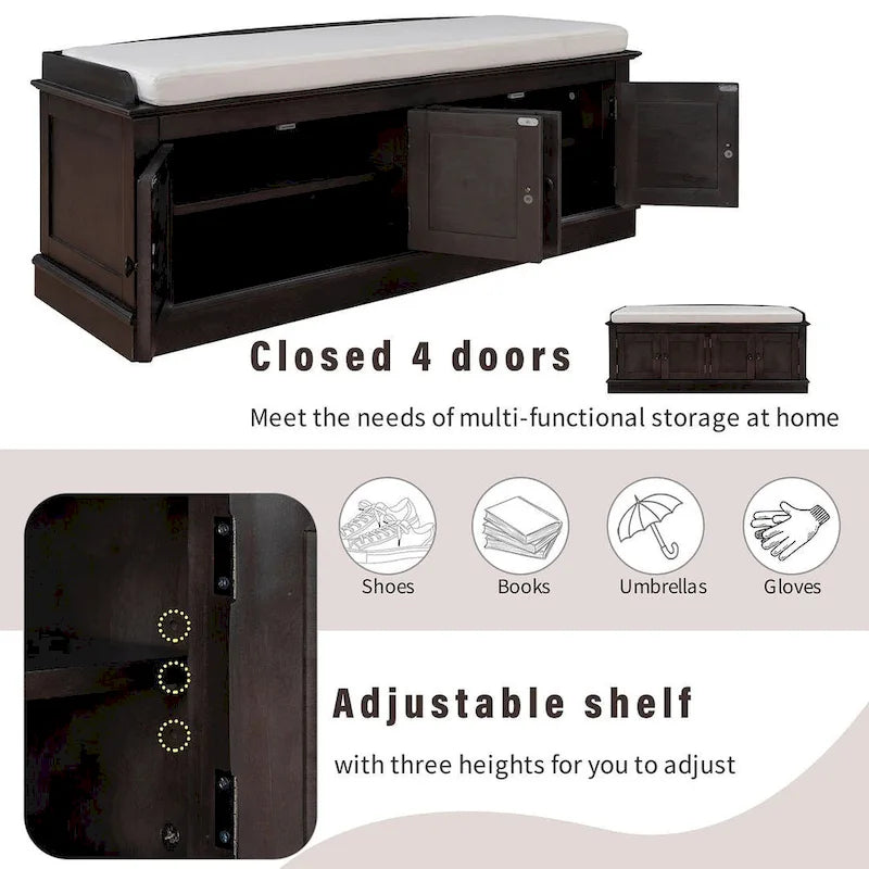 Farmhouse 42.70 4-Door Multi-Purpose Entry Upholstered Storage Bench with Adjustable Shelves and Shoe Racks