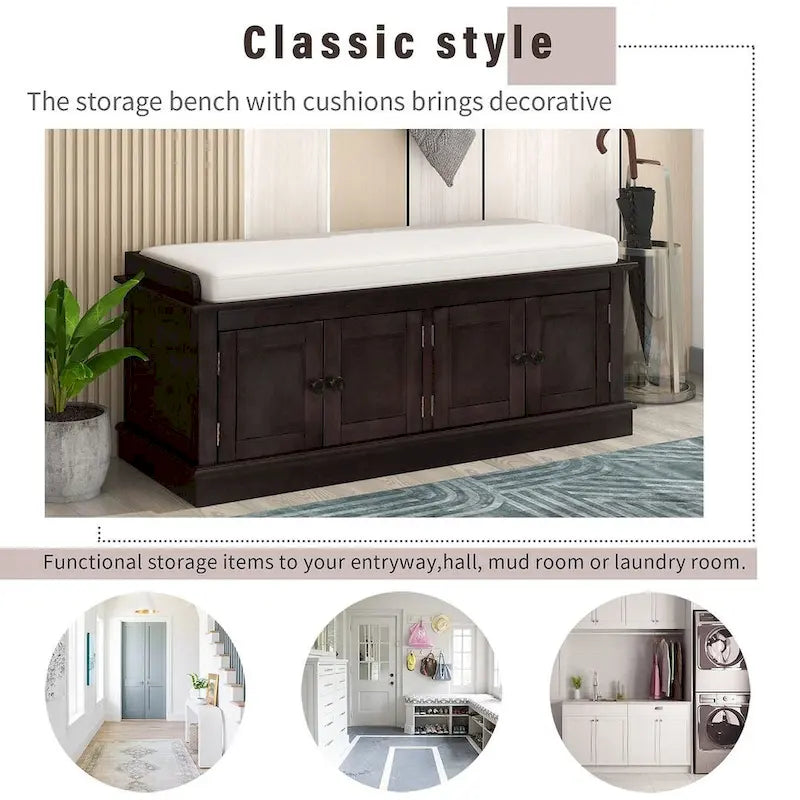 Farmhouse 42.70 4-Door Multi-Purpose Entry Upholstered Storage Bench with Adjustable Shelves and Shoe Racks