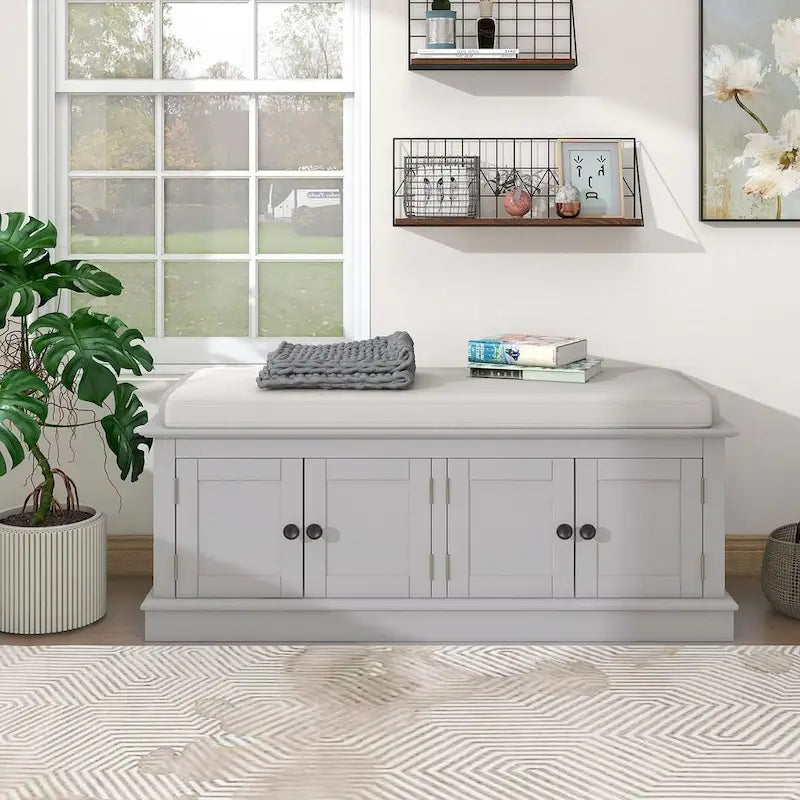 Farmhouse 42.70 4-Door Multi-Purpose Entry Upholstered Storage Bench with Adjustable Shelves and Shoe Racks