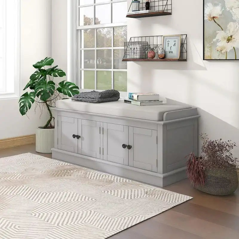 Farmhouse 42.70 4-Door Multi-Purpose Entry Upholstered Storage Bench with Adjustable Shelves and Shoe Racks