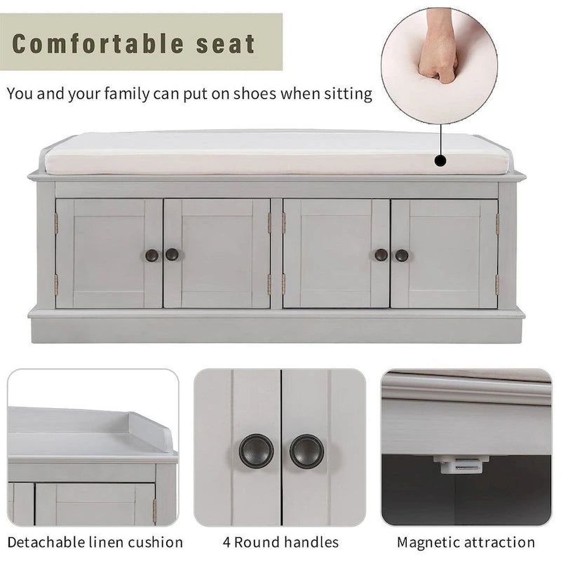 Farmhouse 42.70 4-Door Multi-Purpose Entry Upholstered Storage Bench with Adjustable Shelves and Shoe Racks