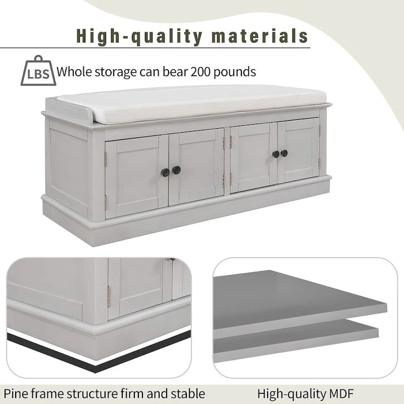 Farmhouse 42.70 4-Door Multi-Purpose Entry Upholstered Storage Bench with Adjustable Shelves and Shoe Racks