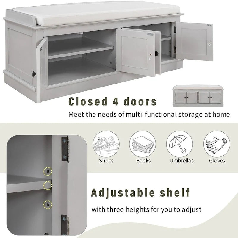 Farmhouse 42.70 4-Door Multi-Purpose Entry Upholstered Storage Bench with Adjustable Shelves and Shoe Racks