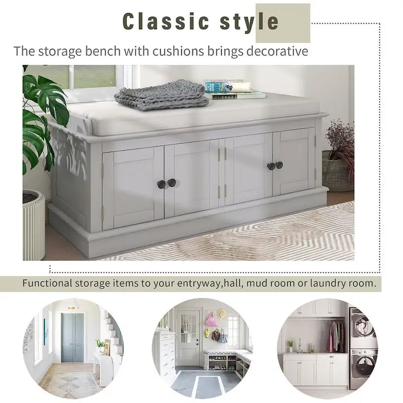 Farmhouse 42.70 4-Door Multi-Purpose Entry Upholstered Storage Bench with Adjustable Shelves and Shoe Racks