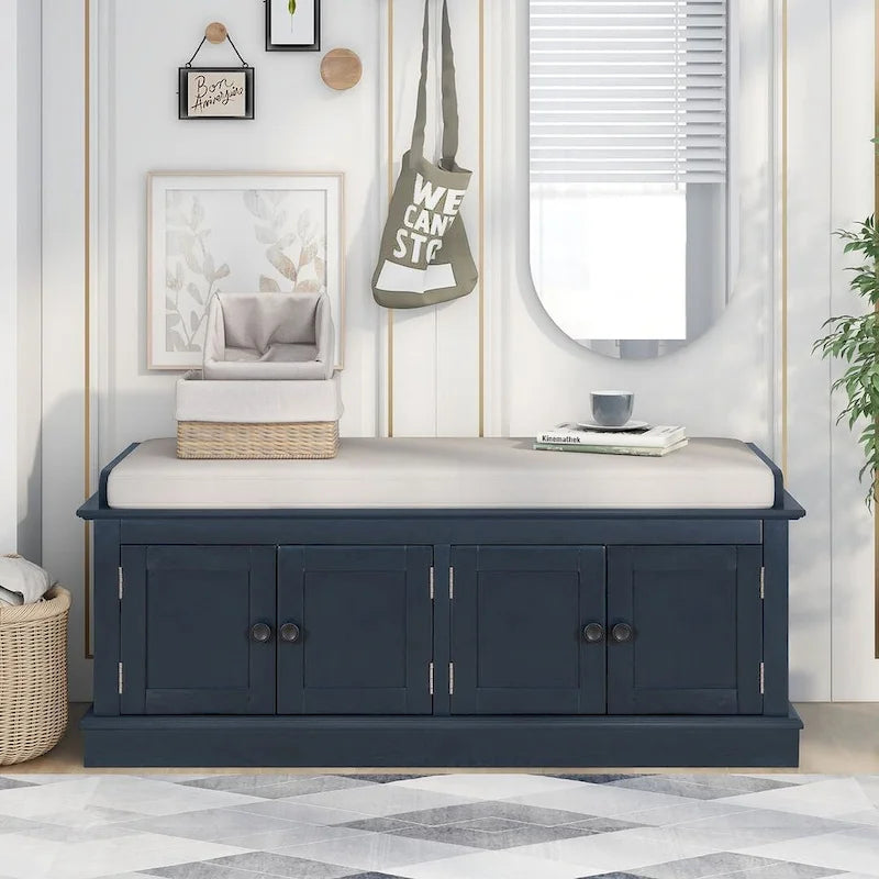 Farmhouse 42.70 4-Door Multi-Purpose Entry Upholstered Storage Bench with Adjustable Shelves and Shoe Racks