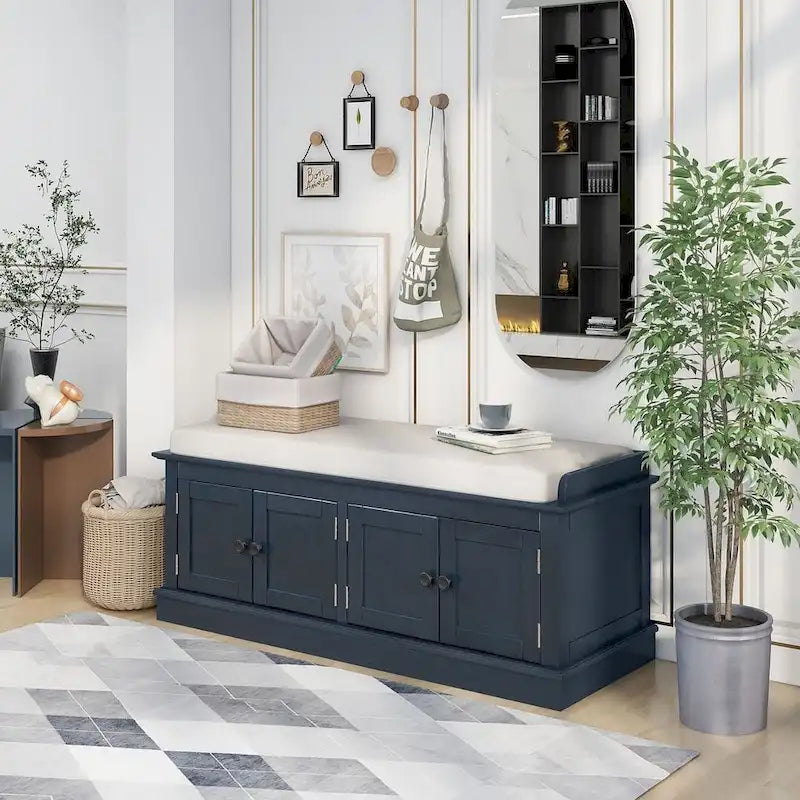 Farmhouse 42.70 4-Door Multi-Purpose Entry Upholstered Storage Bench with Adjustable Shelves and Shoe Racks