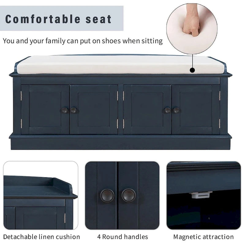 Farmhouse 42.70 4-Door Multi-Purpose Entry Upholstered Storage Bench with Adjustable Shelves and Shoe Racks