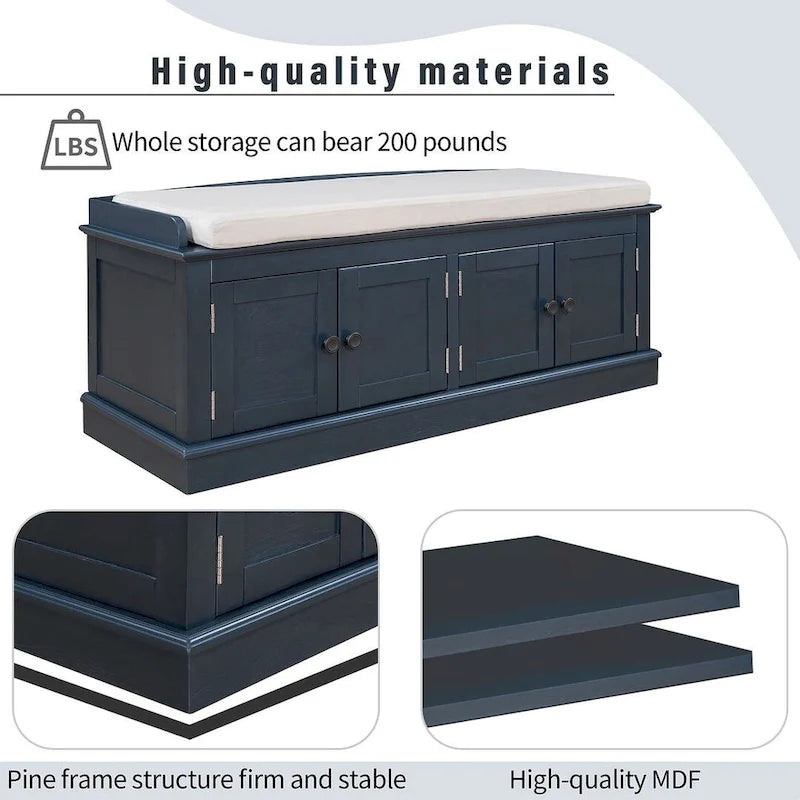 Farmhouse 42.70 4-Door Multi-Purpose Entry Upholstered Storage Bench with Adjustable Shelves and Shoe Racks