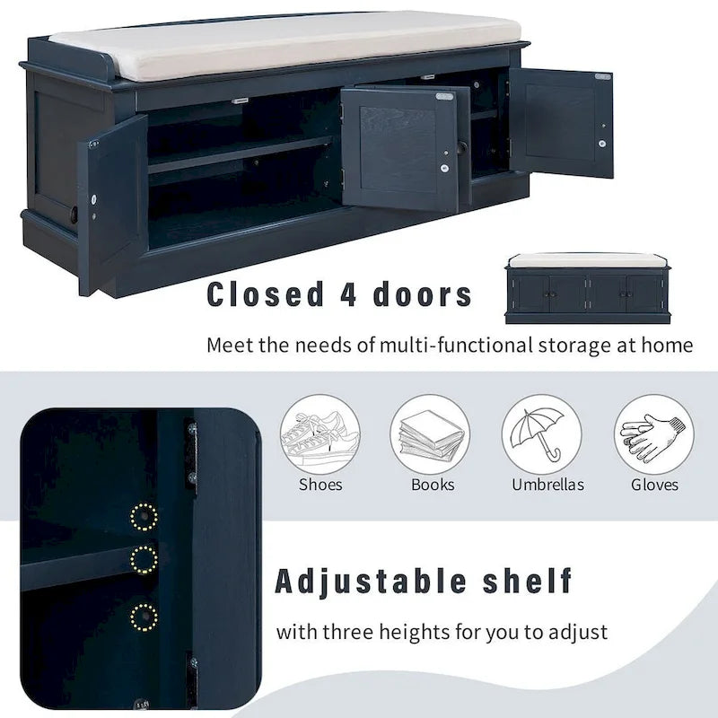 Farmhouse 42.70 4-Door Multi-Purpose Entry Upholstered Storage Bench with Adjustable Shelves and Shoe Racks