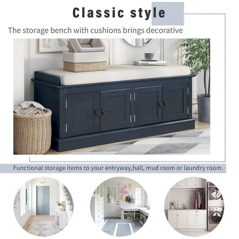 Farmhouse 42.70 4-Door Multi-Purpose Entry Upholstered Storage Bench with Adjustable Shelves and Shoe Racks