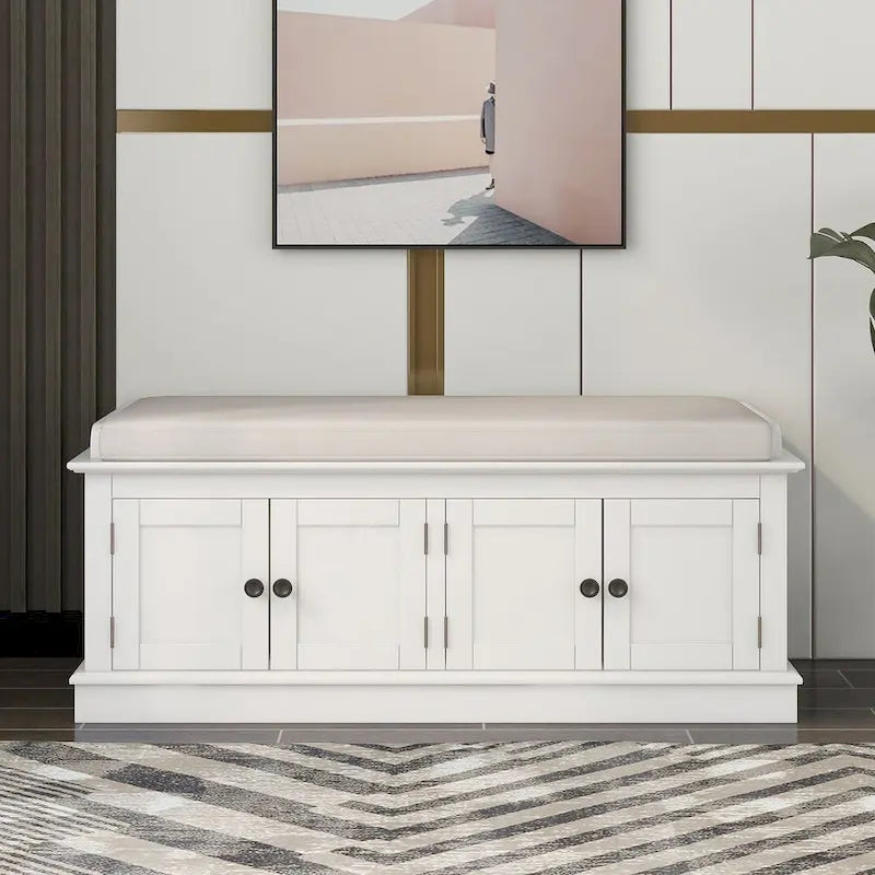 Farmhouse 42.70 4-Door Multi-Purpose Entry Upholstered Storage Bench with Adjustable Shelves and Shoe Racks