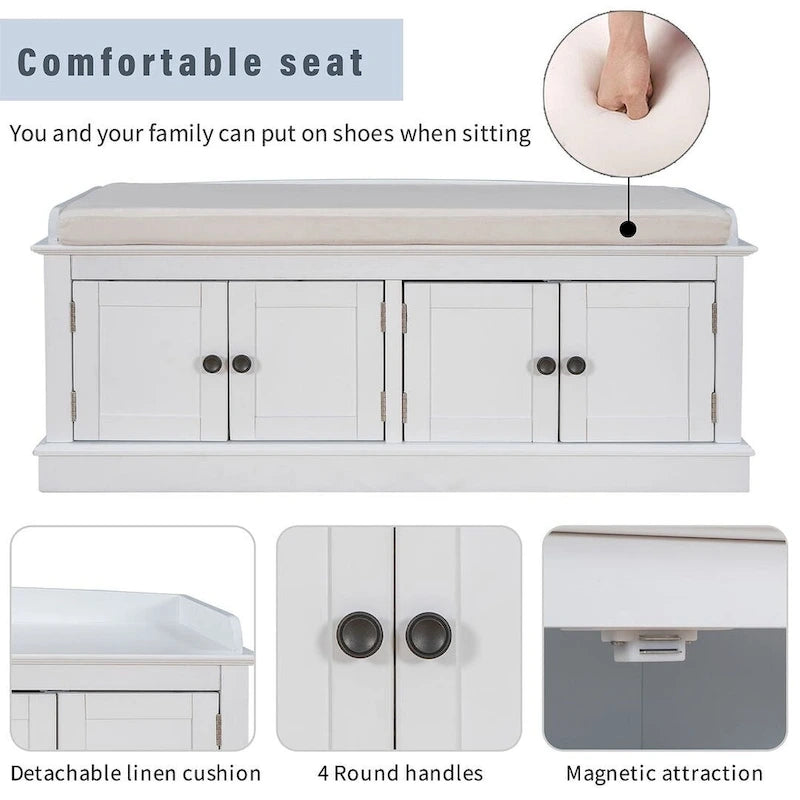 Farmhouse 42.70 4-Door Multi-Purpose Entry Upholstered Storage Bench with Adjustable Shelves and Shoe Racks