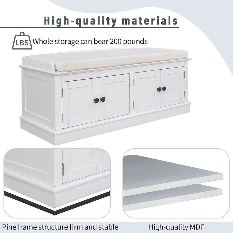 Farmhouse 42.70 4-Door Multi-Purpose Entry Upholstered Storage Bench with Adjustable Shelves and Shoe Racks