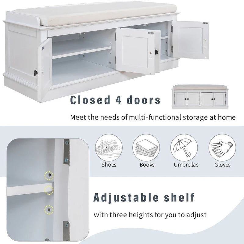 Farmhouse 42.70 4-Door Multi-Purpose Entry Upholstered Storage Bench with Adjustable Shelves and Shoe Racks