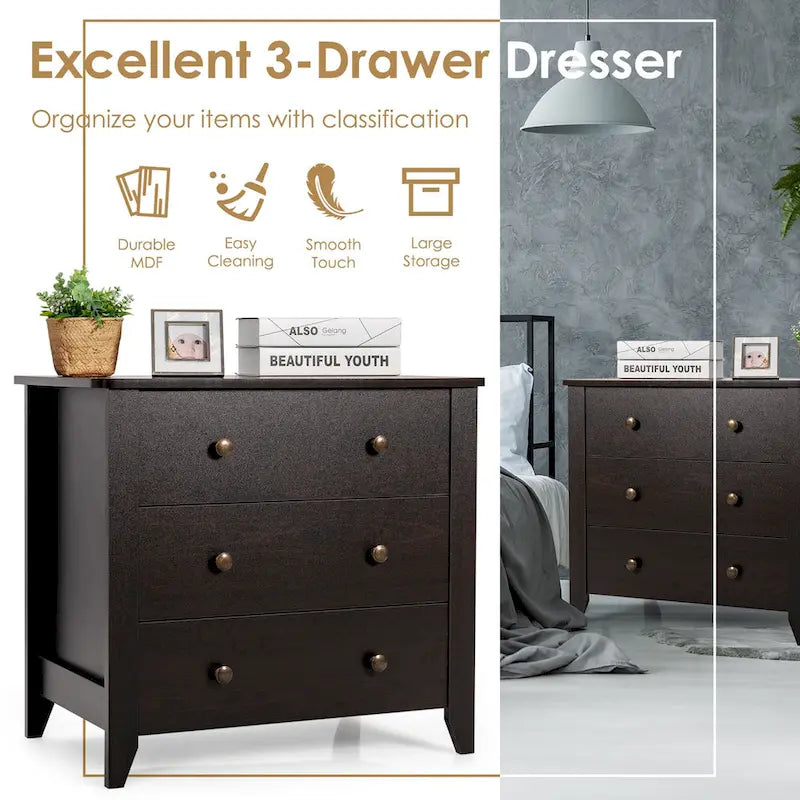 3 Drawer Dresser Chest of Drawers Bedside Table for Living Room