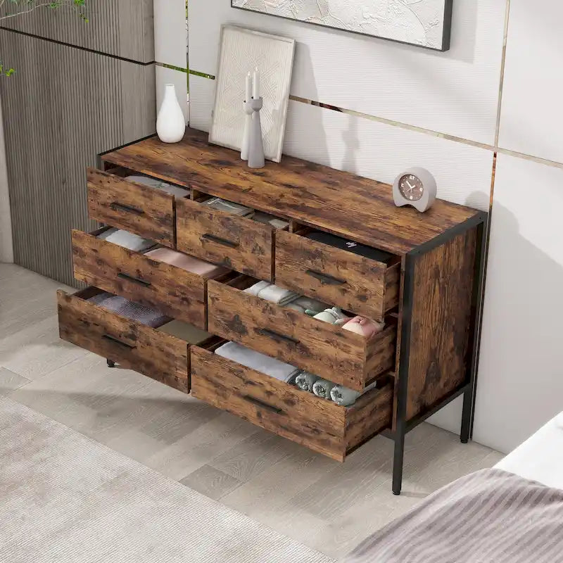 Horizontale Kommode mit 7 Schubladen, Holzschrank zur Aufbewahrung im Schlafzimmer, stabiler Kleiderschrank mit robustem Stahlrahmen