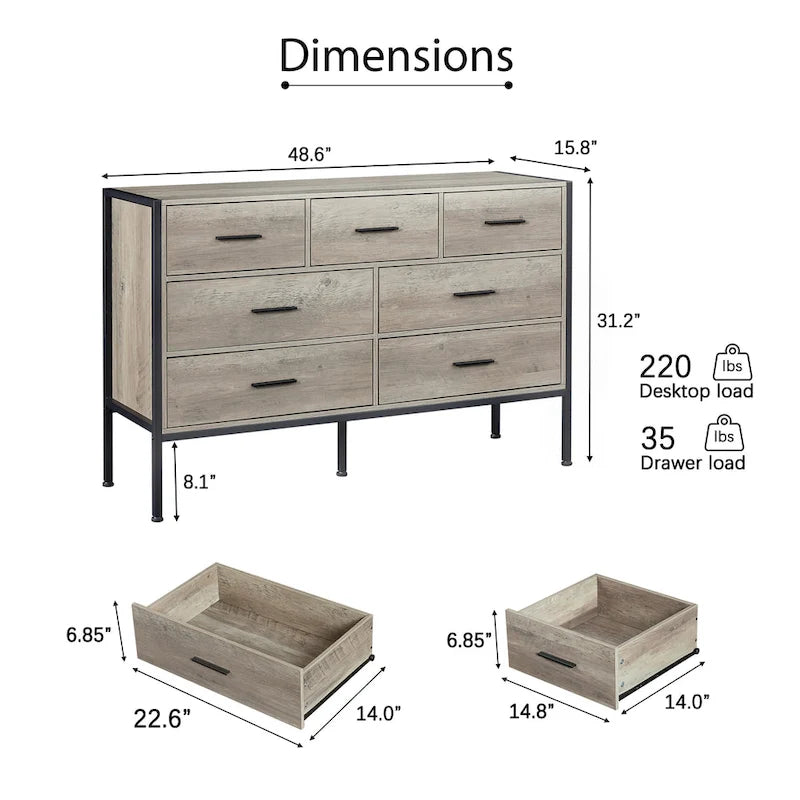 Horizontale Kommode mit 7 Schubladen, Holzschrank zur Aufbewahrung im Schlafzimmer, stabiler Kleiderschrank mit robustem Stahlrahmen