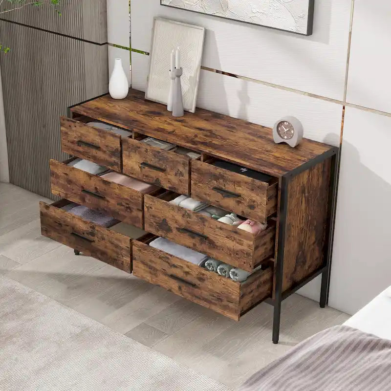Horizontale Kommode mit 7 Schubladen, Holzschrank zur Aufbewahrung im Schlafzimmer, stabiler Kleiderschrank mit robustem Stahlrahmen