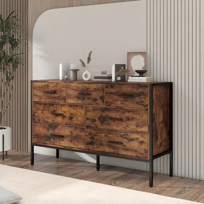 Horizontale Kommode mit 7 Schubladen, Holzschrank zur Aufbewahrung im Schlafzimmer, stabiler Kleiderschrank mit robustem Stahlrahmen