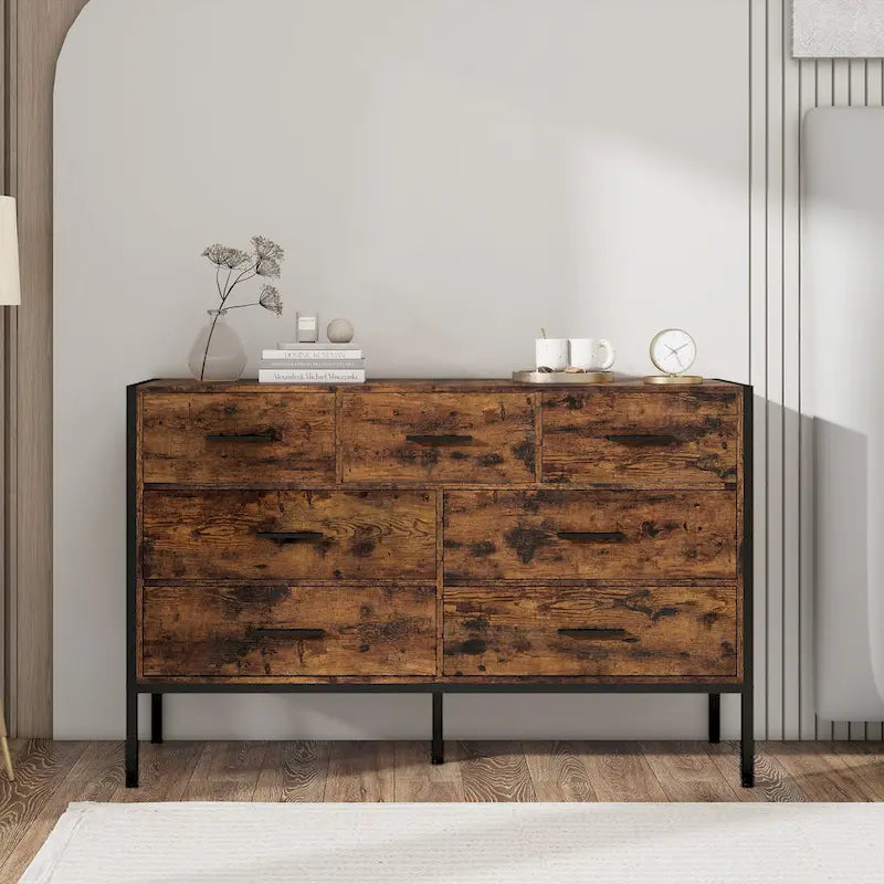 Horizontale Kommode mit 7 Schubladen, Holzschrank zur Aufbewahrung im Schlafzimmer, stabiler Kleiderschrank mit robustem Stahlrahmen
