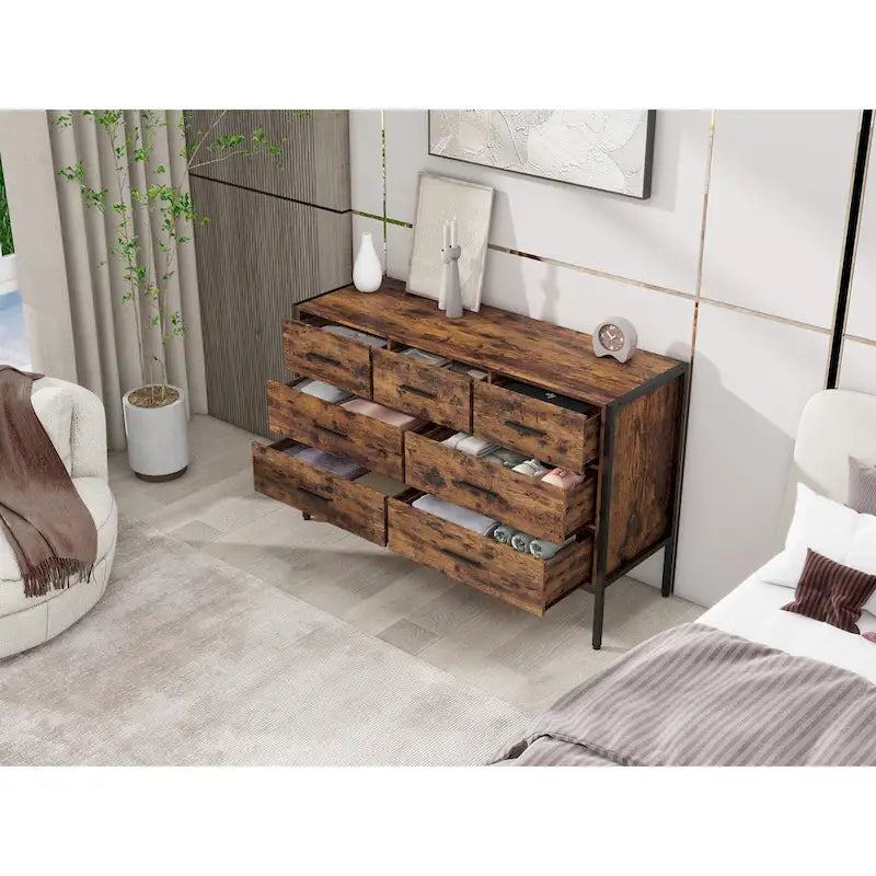 Horizontale Kommode mit 7 Schubladen, Holzschrank zur Aufbewahrung im Schlafzimmer, stabiler Kleiderschrank mit robustem Stahlrahmen