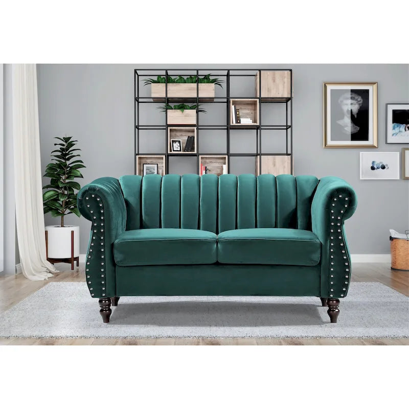Velvet Chesterfield Rolled Arm Loveseat with Nailhead Accents