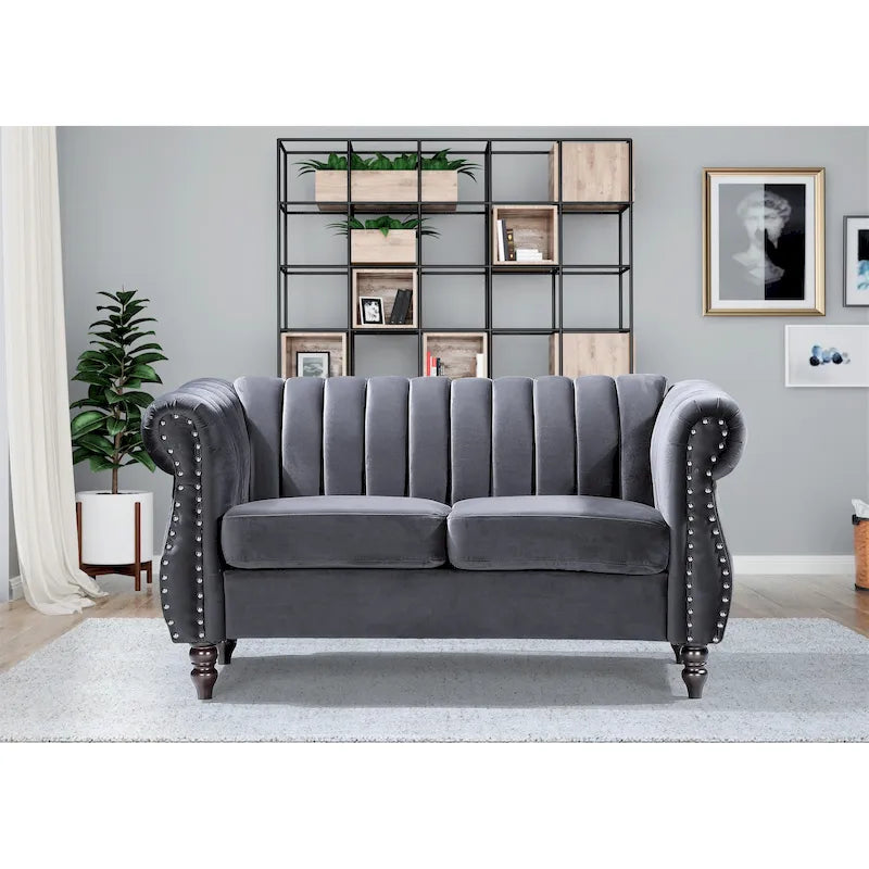 Velvet Chesterfield Rolled Arm Loveseat with Nailhead Accents