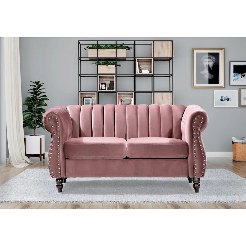 Velvet Chesterfield Rolled Arm Loveseat with Nailhead Accents