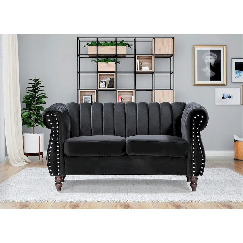 Velvet Chesterfield Rolled Arm Loveseat with Nailhead Accents