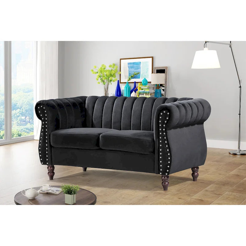 Samt-Loveseat im Chesterfield-Stil mit gerollten Armlehnen und Nagelkopfdetails