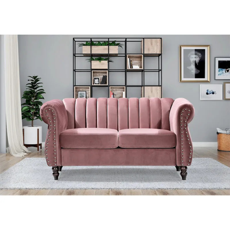 Velvet Chesterfield Rolled Arm Loveseat with Nailhead Accents