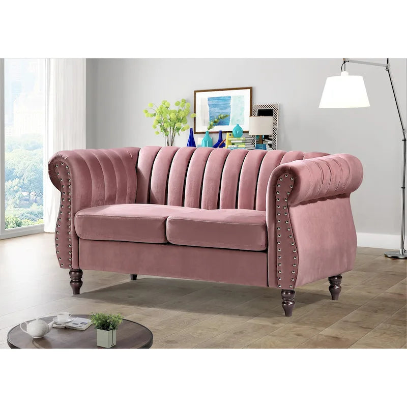 Velvet Chesterfield Rolled Arm Loveseat with Nailhead Accents