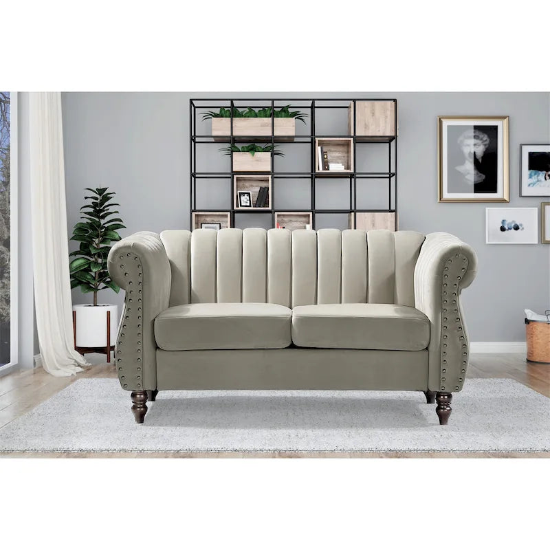 Velvet Chesterfield Rolled Arm Loveseat with Nailhead Accents