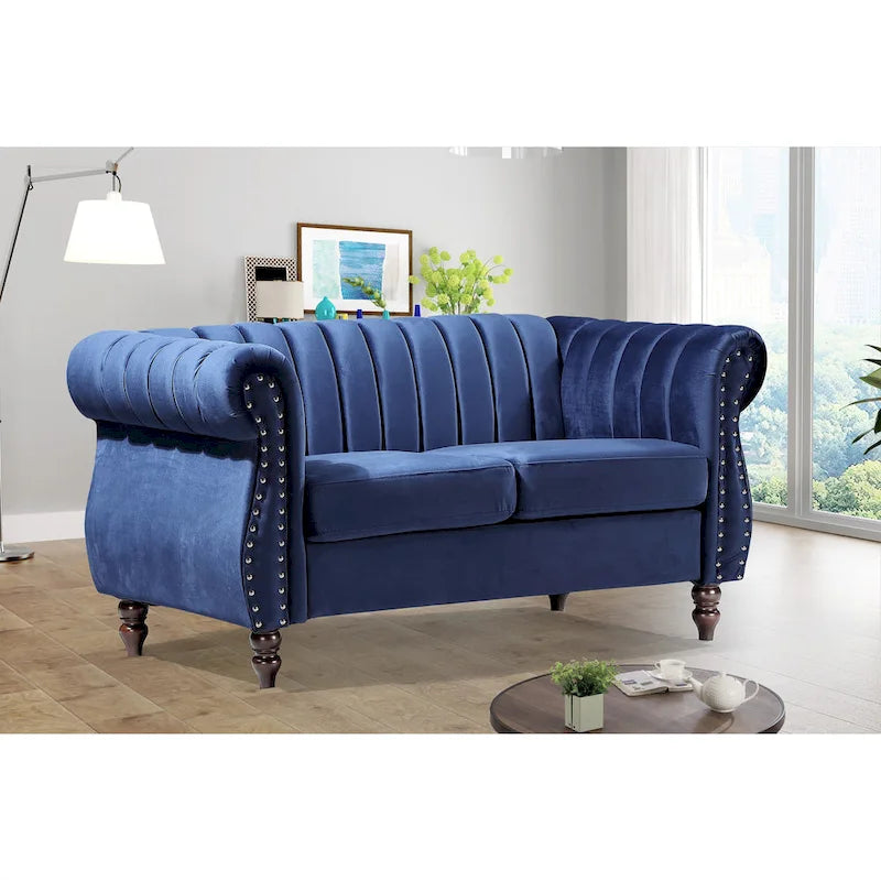 Samt-Loveseat im Chesterfield-Stil mit gerollten Armlehnen und Nagelkopfdetails