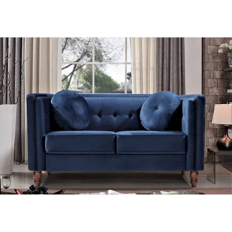 Crushed Velvet Button-Tufted Loveseat with Bolster Pillows