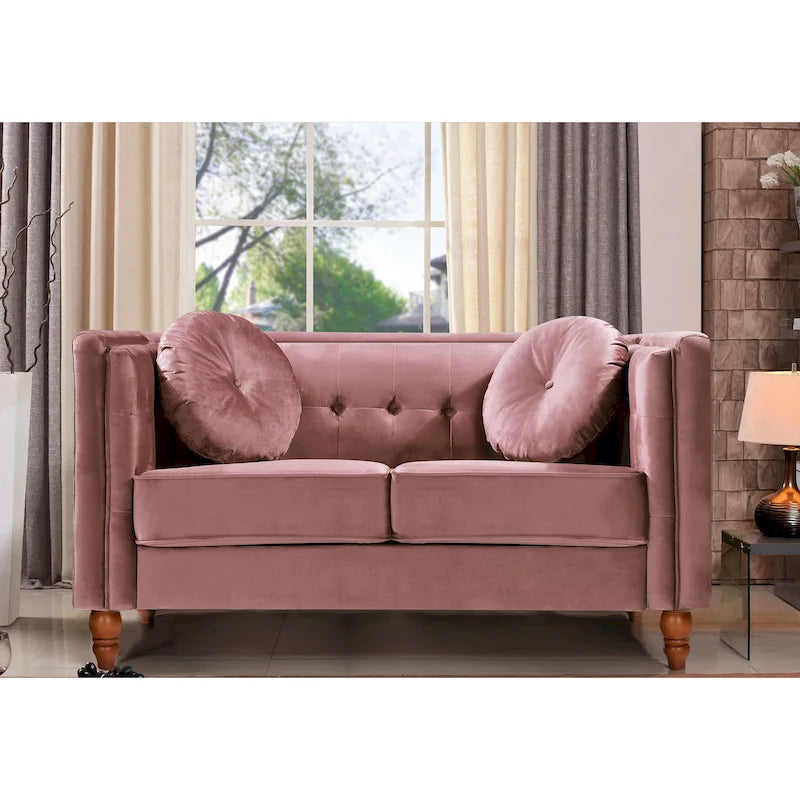 Crushed Velvet Button-Tufted Loveseat with Bolster Pillows