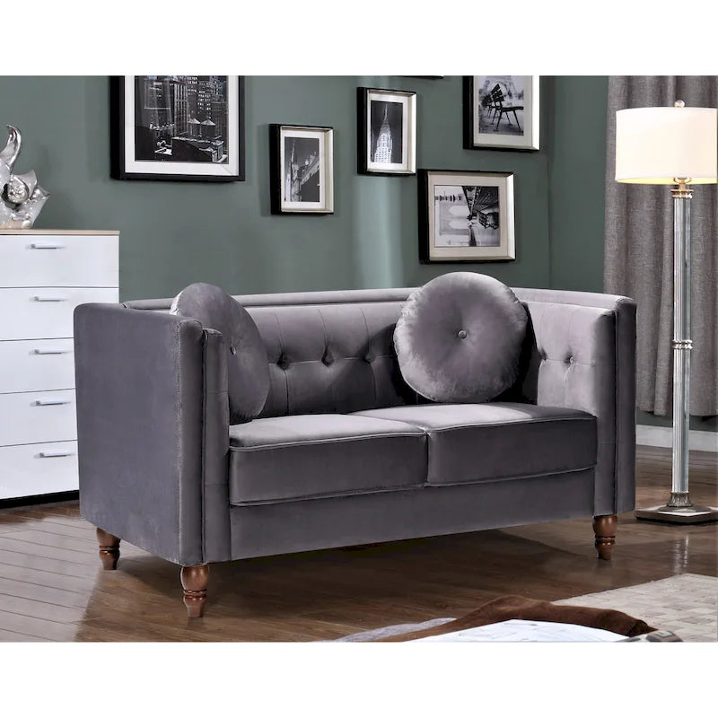 Crushed Velvet Button-Tufted Loveseat with Bolster Pillows