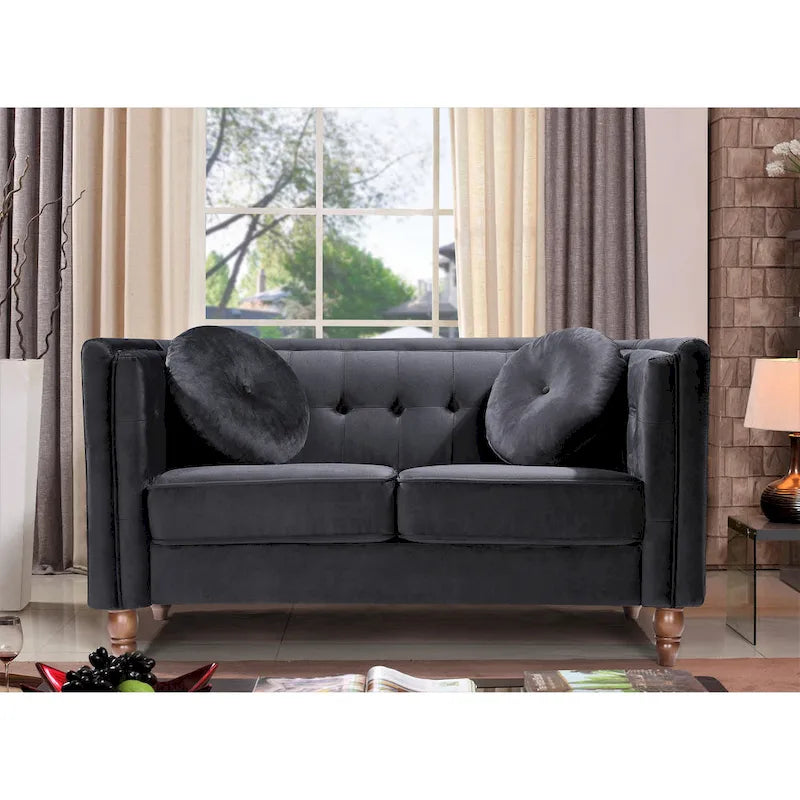 Crushed Velvet Button-Tufted Loveseat with Bolster Pillows