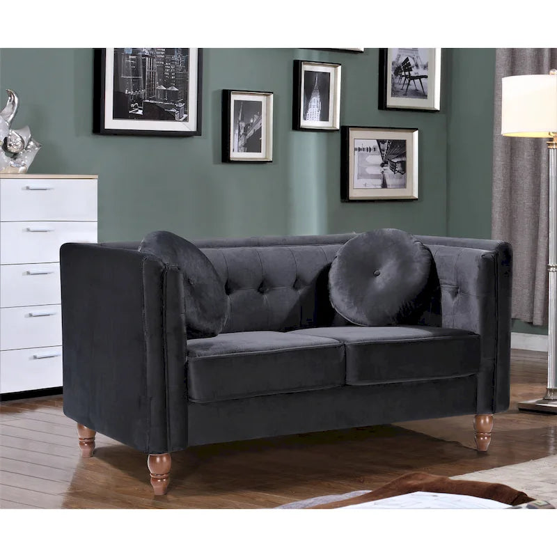 Crushed Velvet Button-Tufted Loveseat with Bolster Pillows