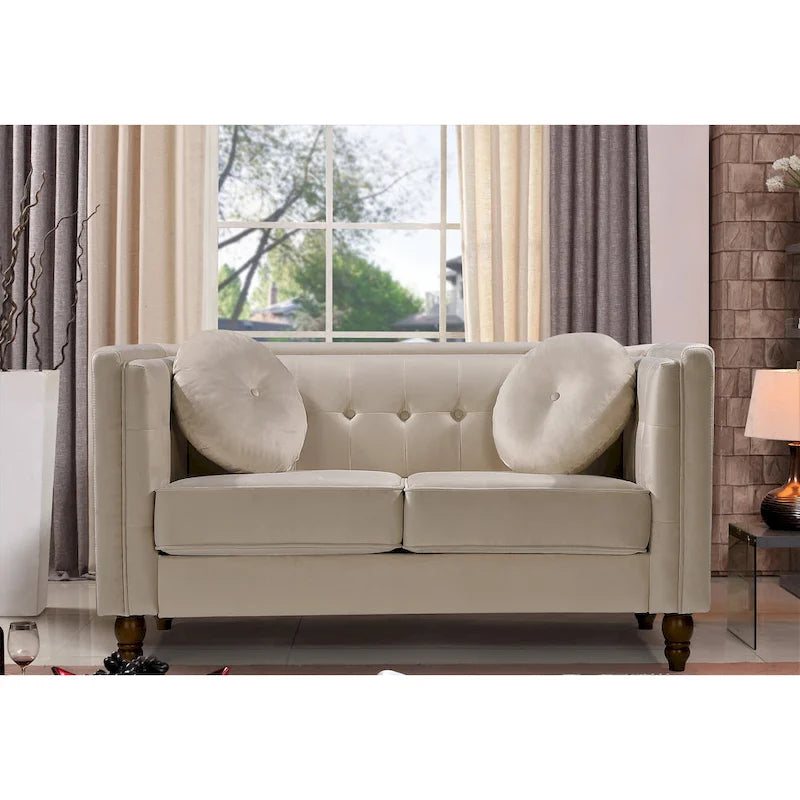 Crushed Velvet Button-Tufted Loveseat with Bolster Pillows