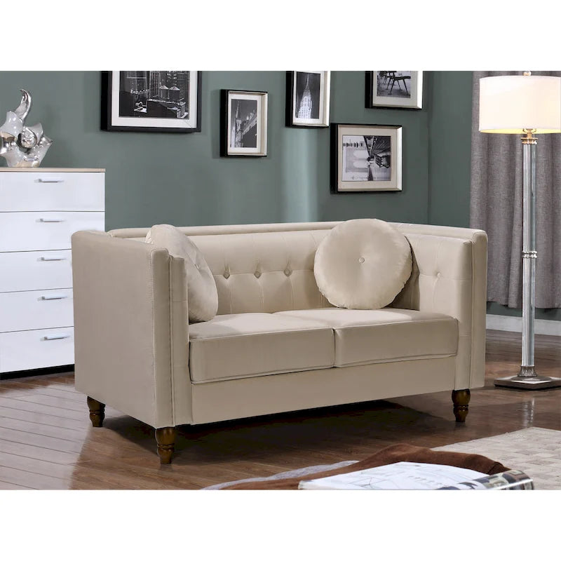Crushed Velvet Button-Tufted Loveseat with Bolster Pillows