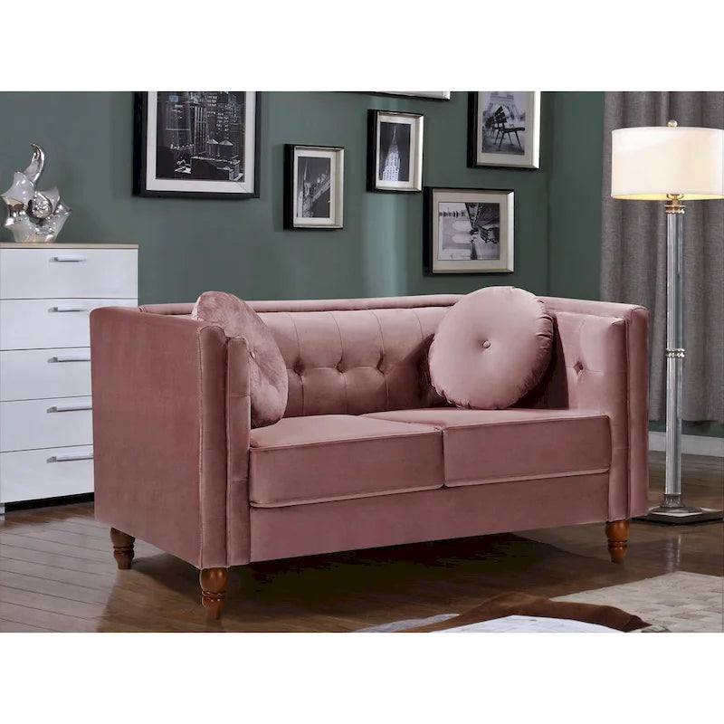 Crushed Velvet Button-Tufted Loveseat with Bolster Pillows