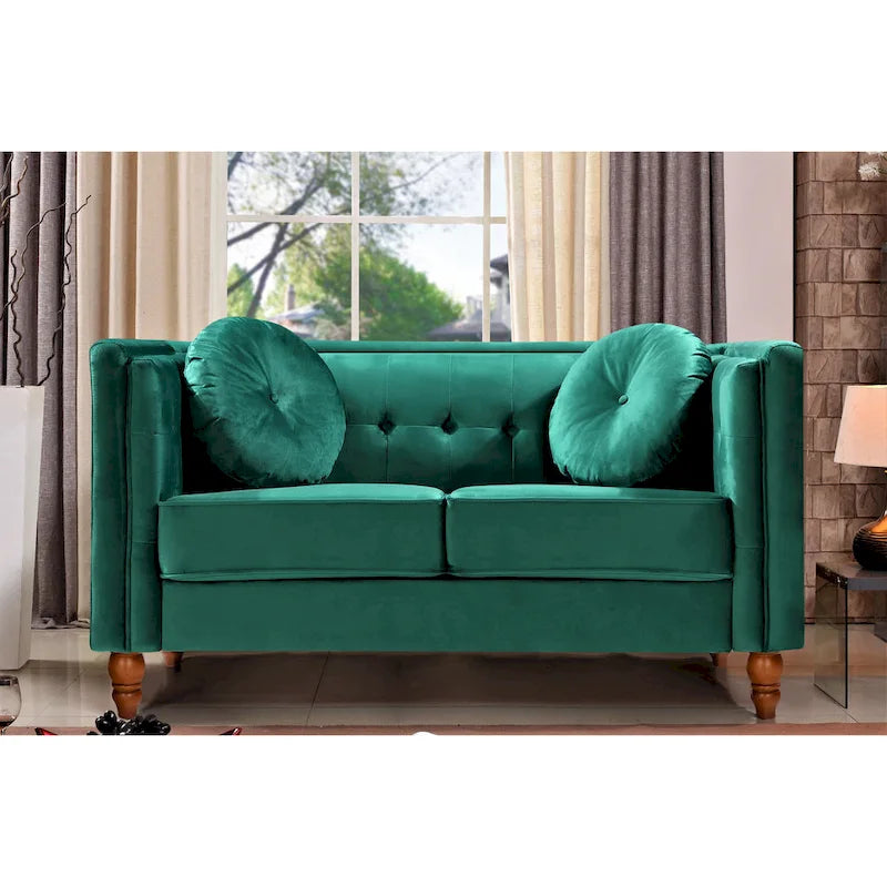 Crushed Velvet Button-Tufted Loveseat with Bolster Pillows