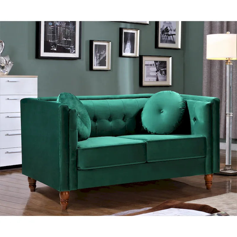 Crushed Velvet Button-Tufted Loveseat with Bolster Pillows