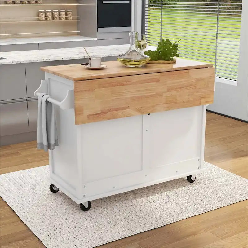 Kitchen Cart with Rubber wood Drop-Leaf Countertop