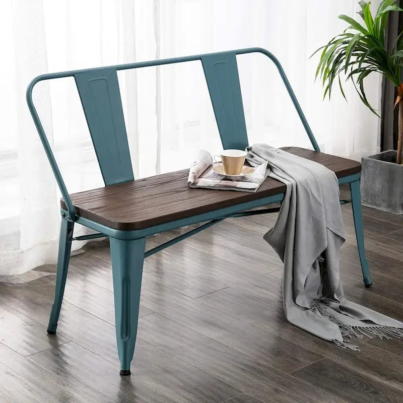 Dining Bench, Entryway Bench with Back, Farmhouse Metal Dining Bench, Industrial Mid-Century 3 Person Bench, Wood Seat